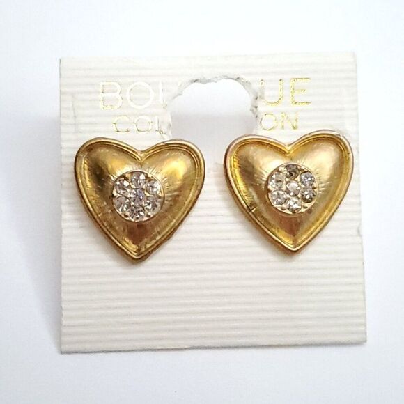 Vintage 90s Heart Earrings Clear Rhinestone Matte Goldtone Love Valentine - Picture 1 of 3